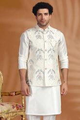 Cream Silk Peacock Embroidered Kurta Pajama with Jacket